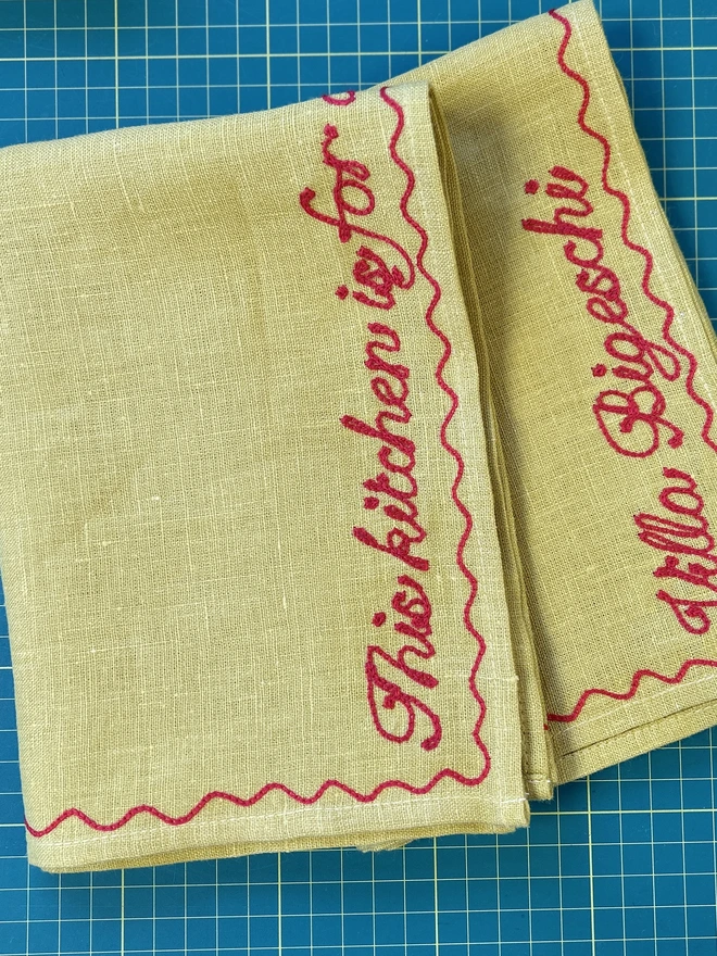 Embroidered Phrase Linen Tea Towel / Hand Towel custom