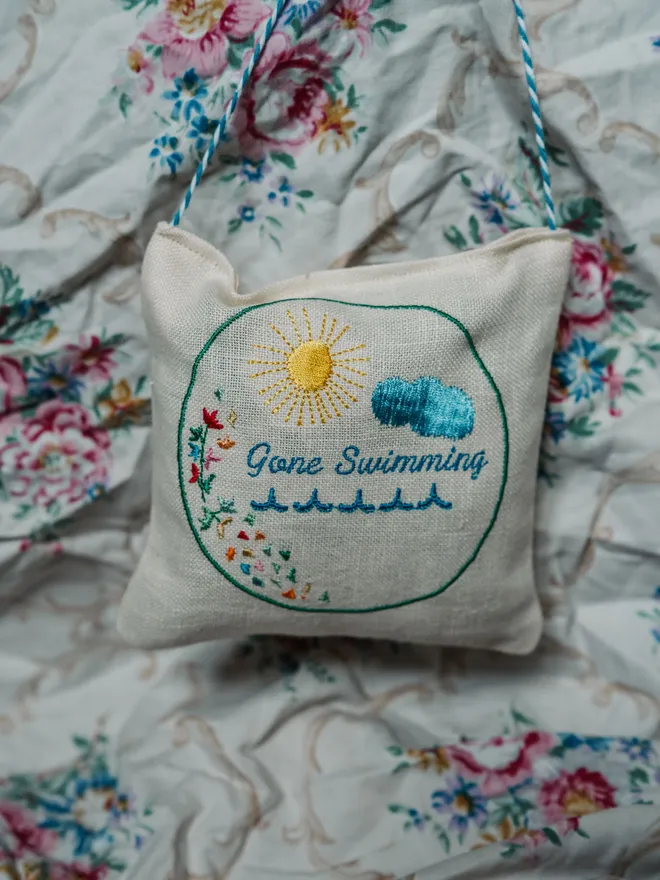 Gone Swimming Lavender Sachet. A Sachet of Lavender embroidered with a Swimming design