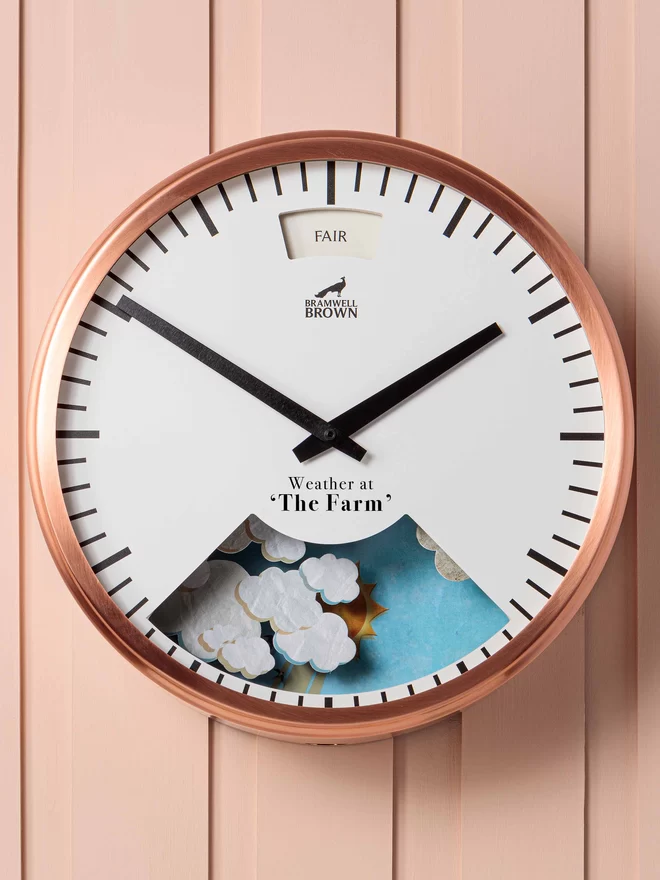 Copper framed weather clock with personalised clock face feturing a personal location