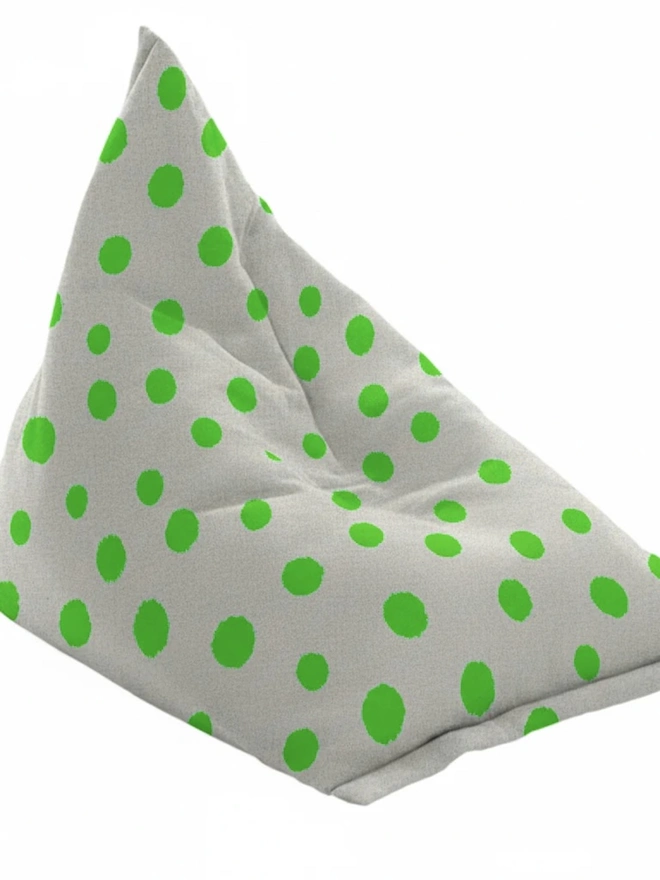 Hand Painted & Repurposed Linen Bean Bag Polka Dot Chair, colourful neon green bean bag polka dot chair on a white surface. 