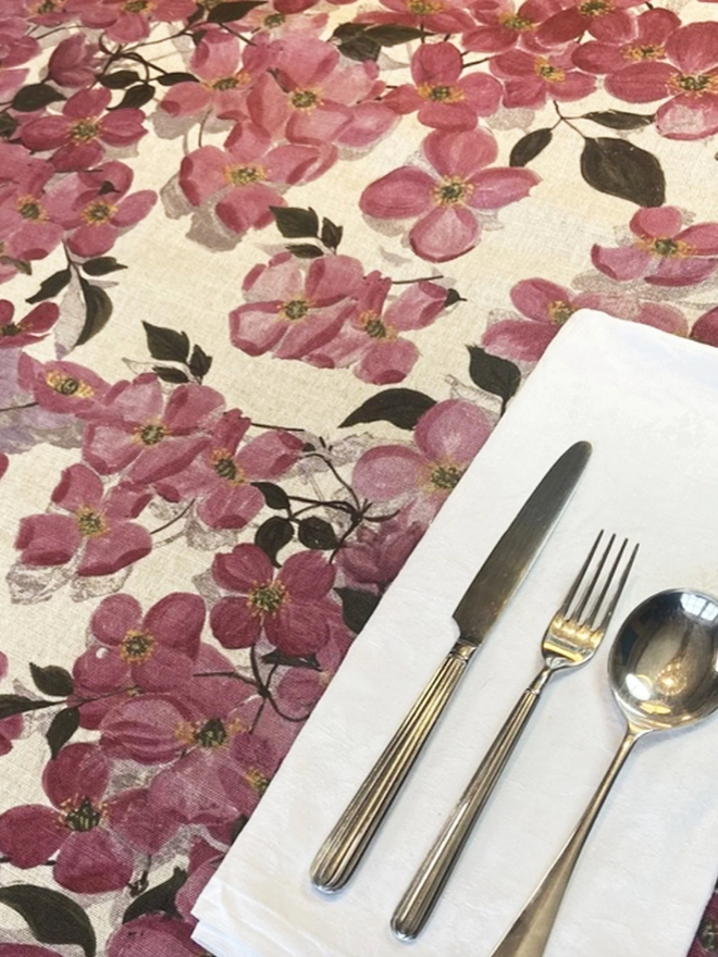 Pink Clematis Tablecloth. A pink floral tablecloth.