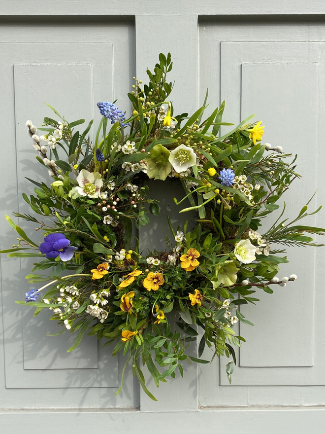 Fresh Spring Wreath with Bulbs Mimosa Viola Flowers