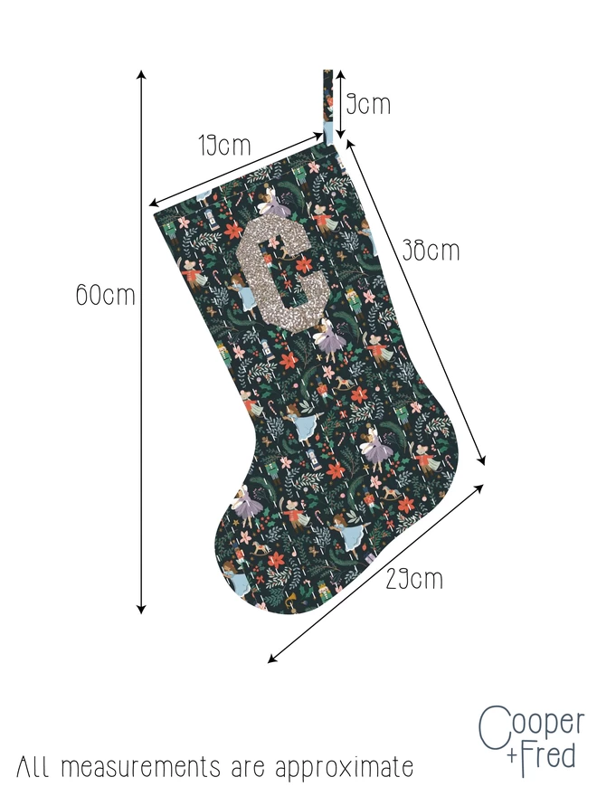 Dimensions of the Cooper & Fred Sugar Plum Quilted Christmas Stocking.