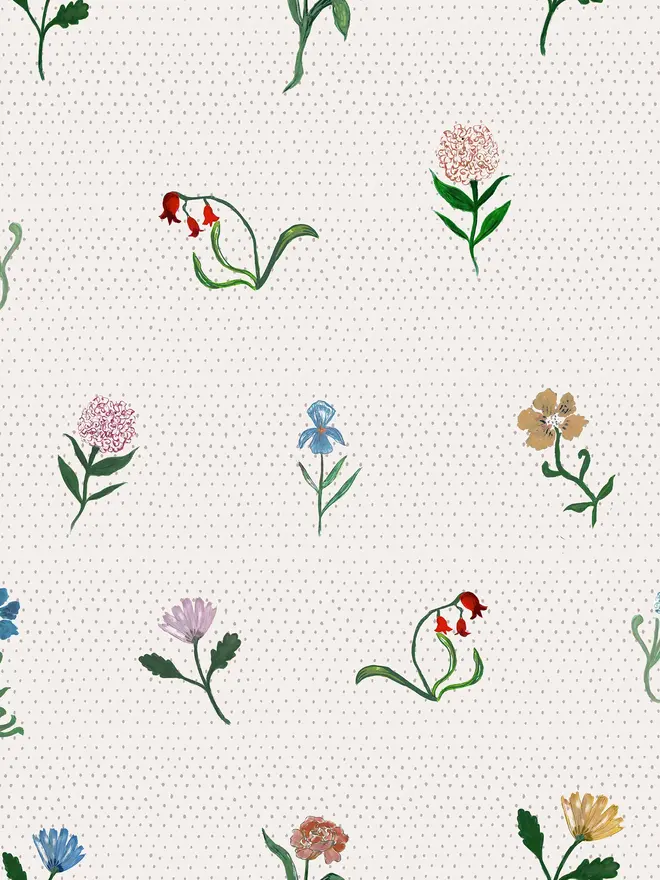 agatha illustrated wallpaper. a white background wallpaper patterned with small flowers in various colours.