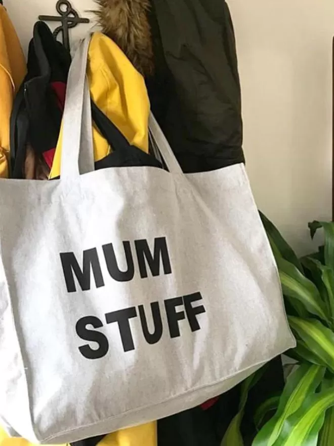 grey mum stuff bag with black lettering