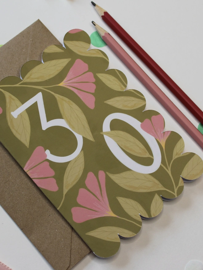 floral 30th birthday card with scalloped edge