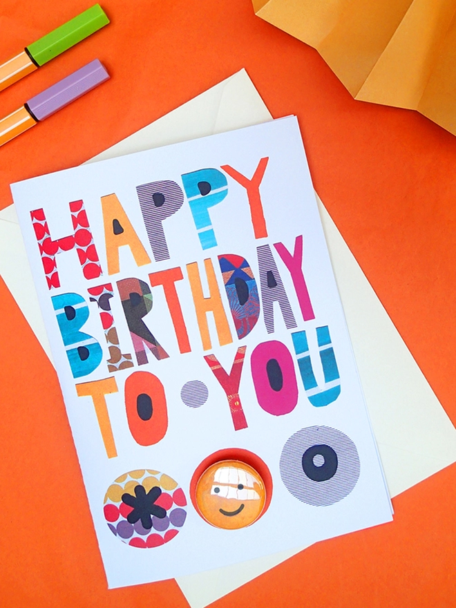 Pattern and Colour Birthday Card with pin badge