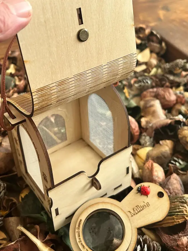 Wooden bug hotel for kids with engraved insect illustrations, mesh viewing window, and leather carry handle, displayed among pinecones and forest floor materials with a matching wooden magnifying glass.