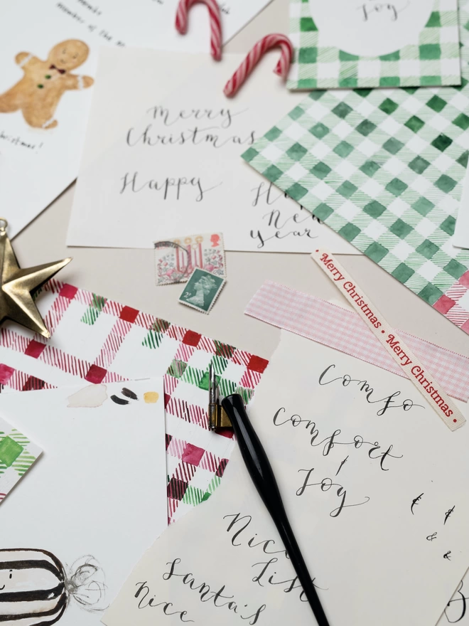 Selection of Christmas Cards set on gingham check, by Melissa Western 