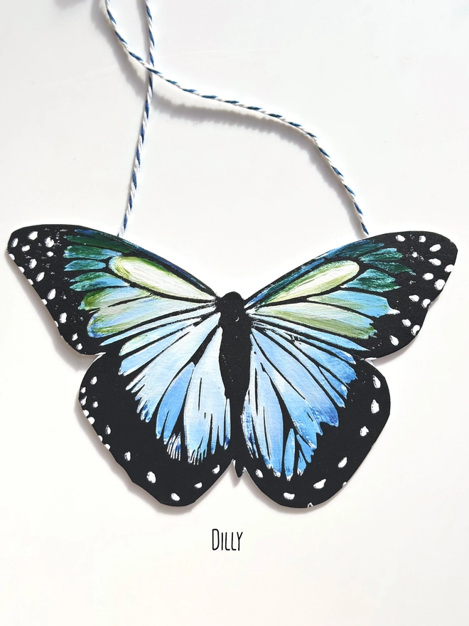 Hand Painted Butterfly Colourful Linocut Hanging Decoration In blue green and black