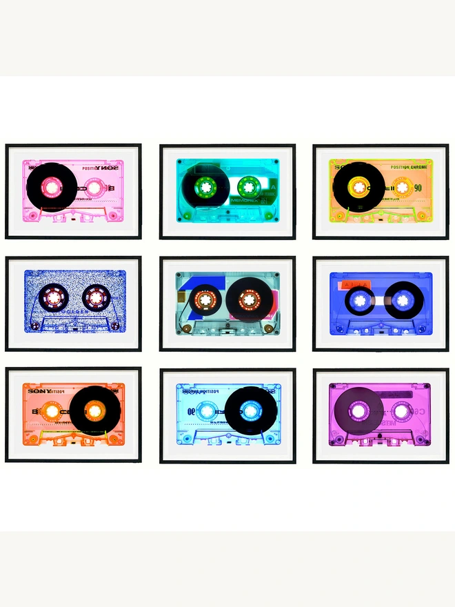 Set of Nine Cassette Tape Pop Art Print framed in black