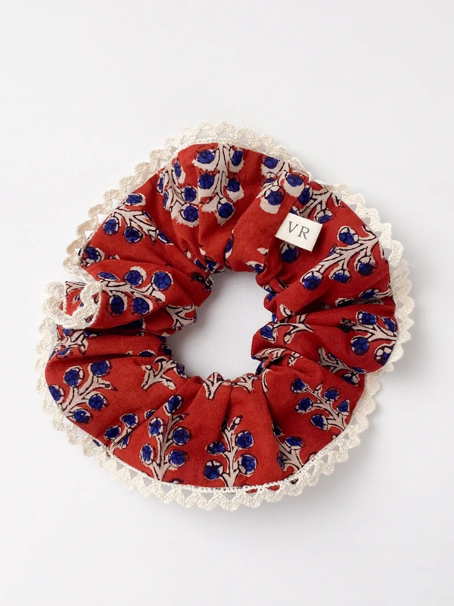 red block print hair scrunchie