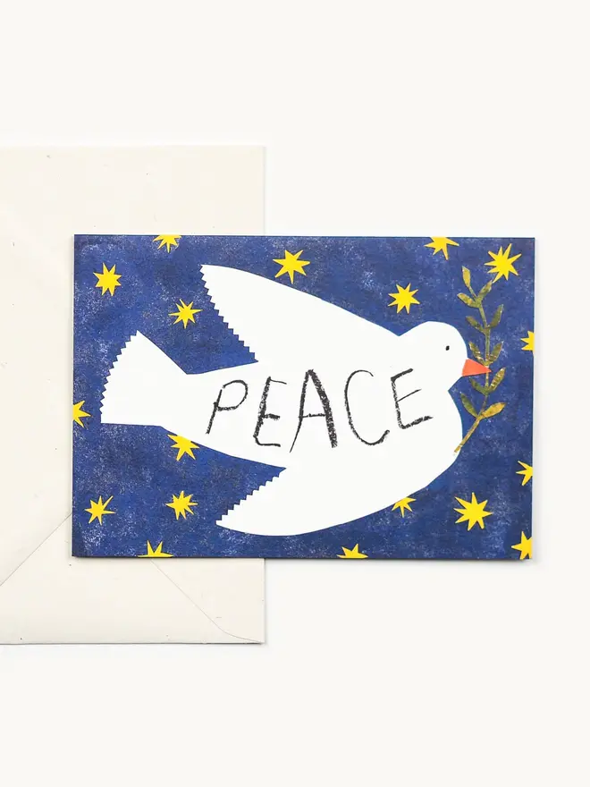 dove card with blue background and 'peace' text