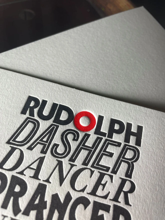 Nine reindeer. Nine typefaces. One magical flight. A typographic tribute to Santa’s reindeer, printed with care in classic letterpress tradition. XMAS For all you typographers out there, A pack of these beautiful typographic letterpress Christmas cards. Printed with rich inks with luxury matching and contrasting envelopes; ideal to send to your designer friends at the festive season. Hand printed on "Mary"; my vintage treadle Arab platen. 