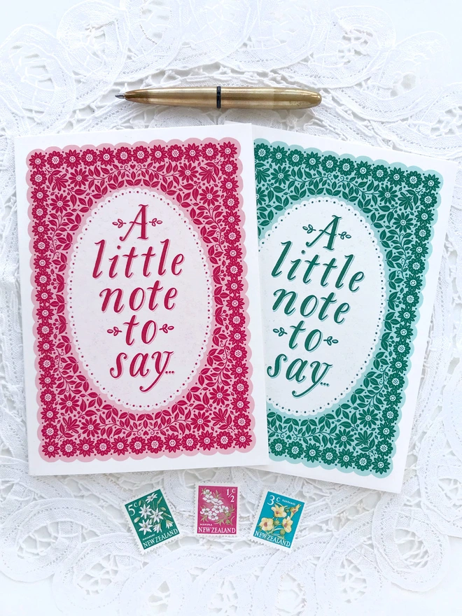 floral pattern notecards in pink and green with the words a little note to say... 