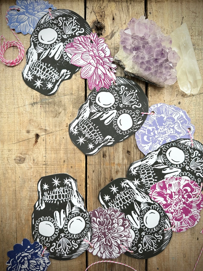 Skull 'Day Of The Dead' Hand Printed Linocut Garland 
