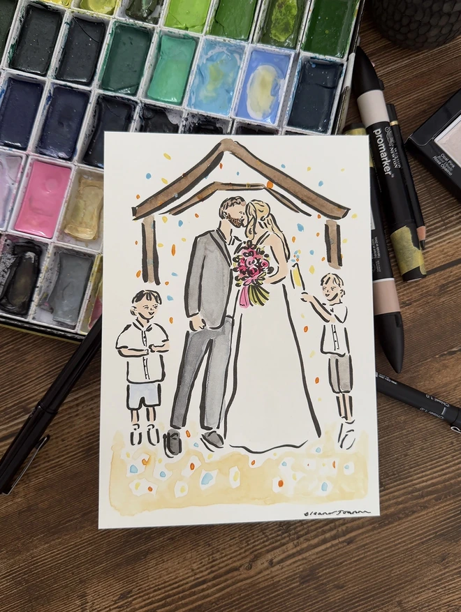 Couples portrait at wedding with kids and celebrating personalised portrait A4 A5