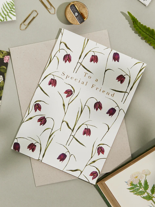 'to a special friend' illustrated floral card. a white floral card photographed against a plain background.