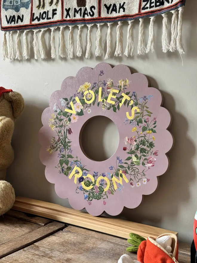 Customisable Floral Wooden Door Wreath Name Plaque