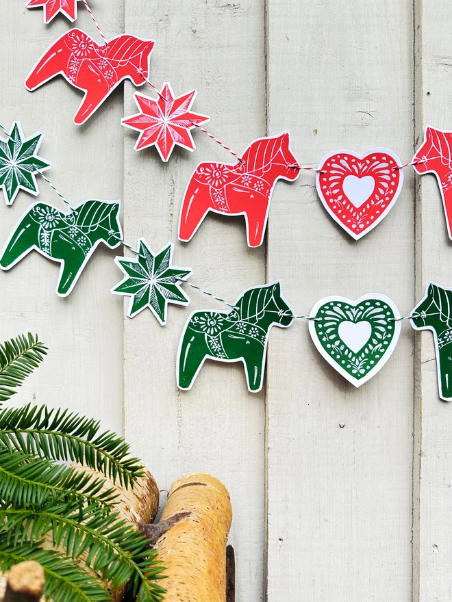 Dala Horse Traditional Nordic Christmas Linocut Garland