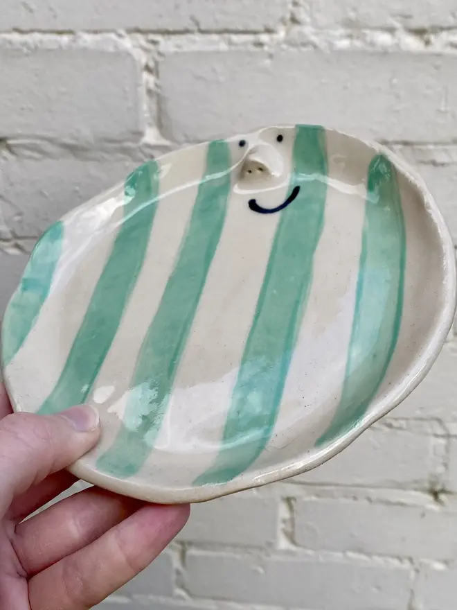 green white stripe smiley face ceramic handmade plate