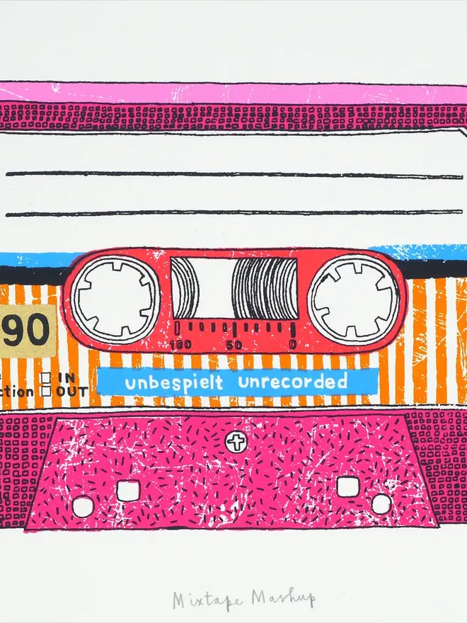 Personalised Pink Mix Tape Screenprint Mixtape Mash Up, a pink mixtape design on a white screenprint. 