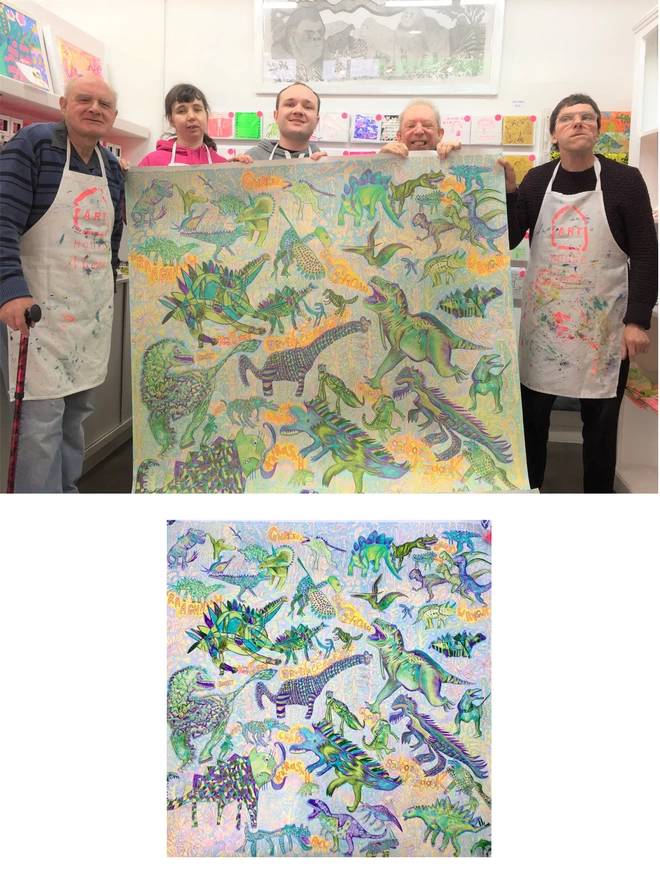 5 happy artists holding original dinosaur artwork in green & yellow for charity chocolate bar 
