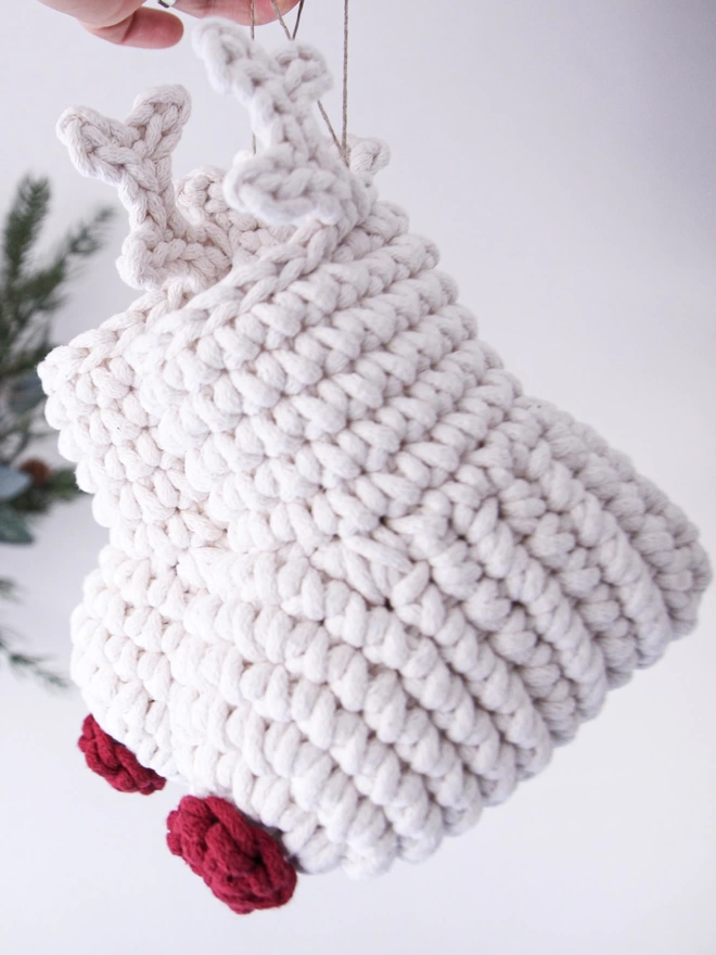 ivory hand-crocheted Small reindeer christmas stocking