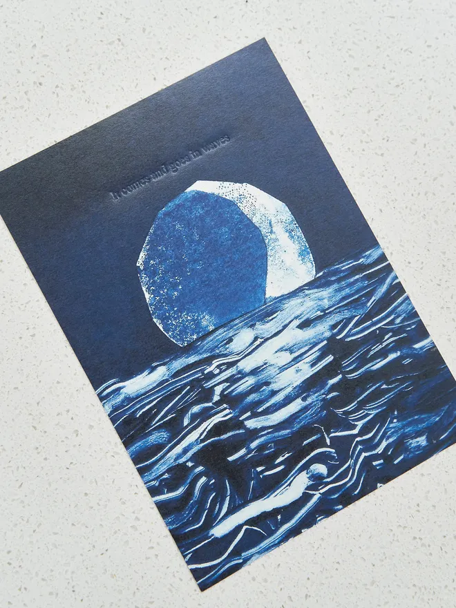 'It comes and goes in waves' artwork - a deep midnight blue with the moon and embossed text, against a grey locker background