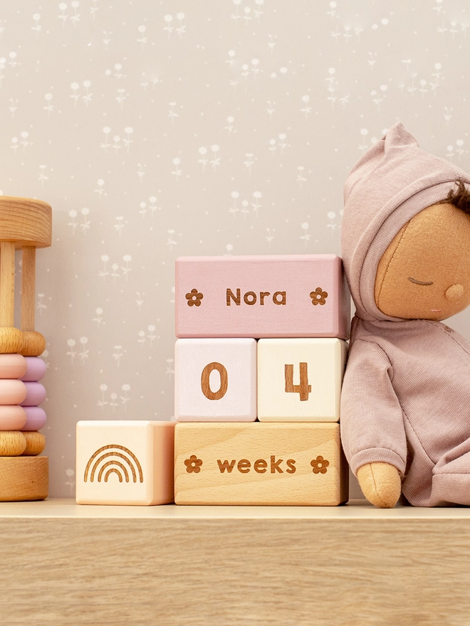 wooden milestone blocks counting down the weeks until due date