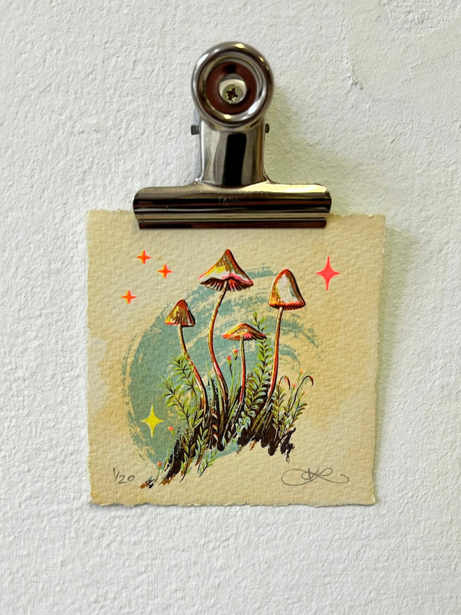 'Mosscaps' Miniature Screenprint & Watercolour Painting