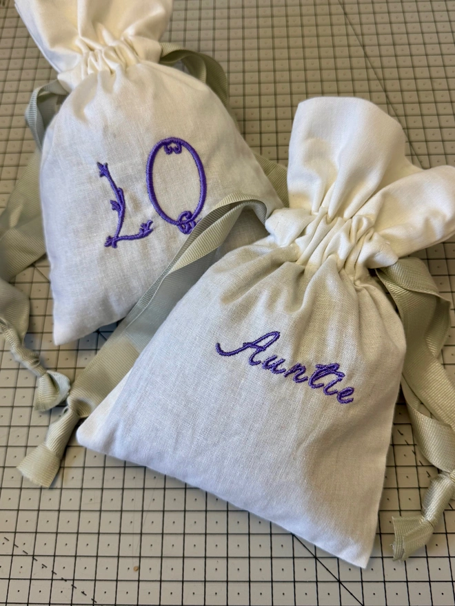 White Organic Cotton Drawstring Lavender Bag with Embroidered Name