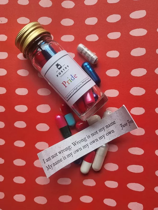 Pride Pill bottle with poetry pills