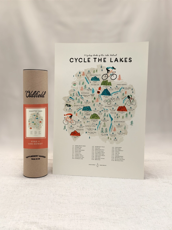 Cycle the Lakes map print with tube packaging