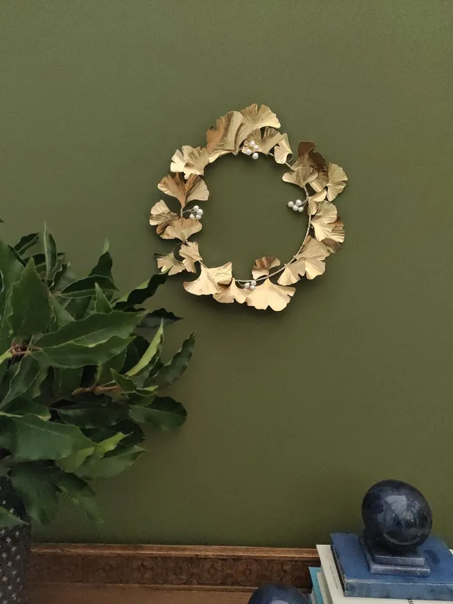 Brass Gingko Leaves Pearl Wreath