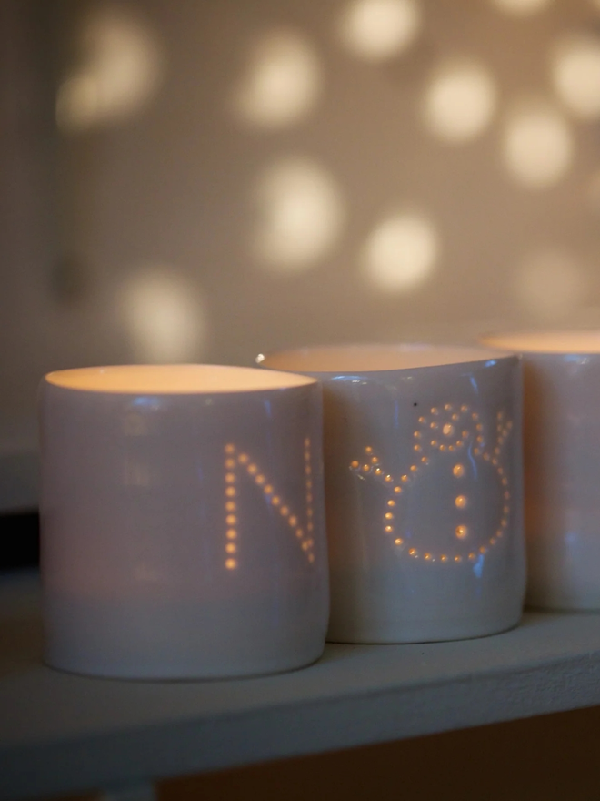 noel snowman letters mini porcelain tealight holder set