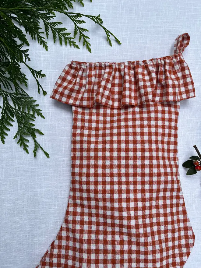 red gingham linen christmas stocking 