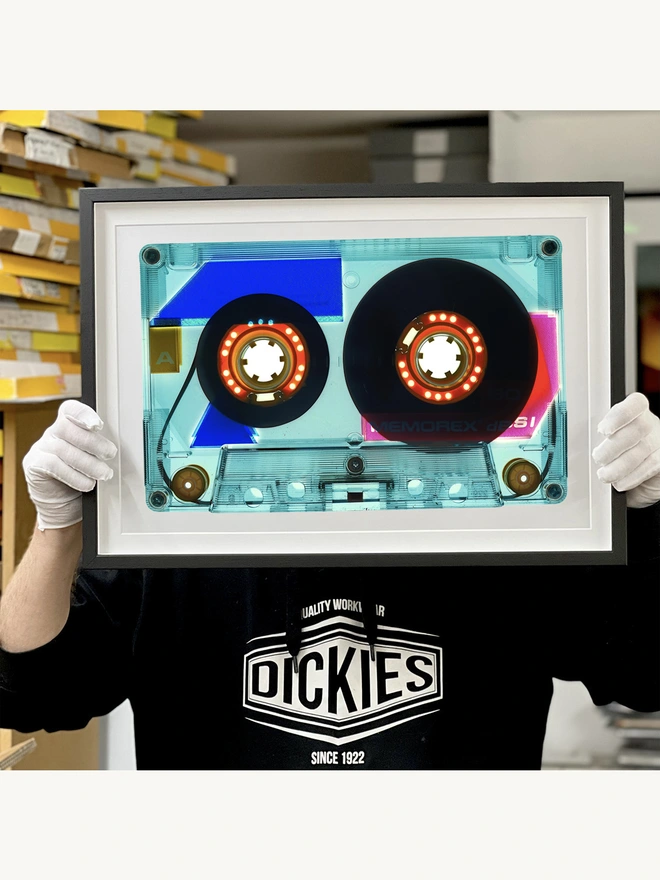 Richard Heeps Blue Cassette Tape Pop Art Print framed in black