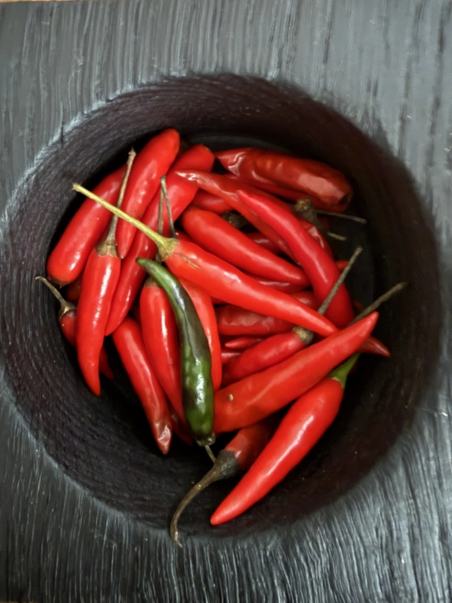 Black wood red chilli peppers