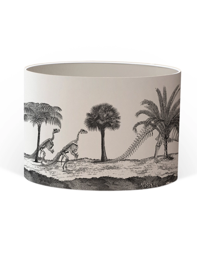 Drum Lampshade featuring Dinosaurs with a white inner on a white background