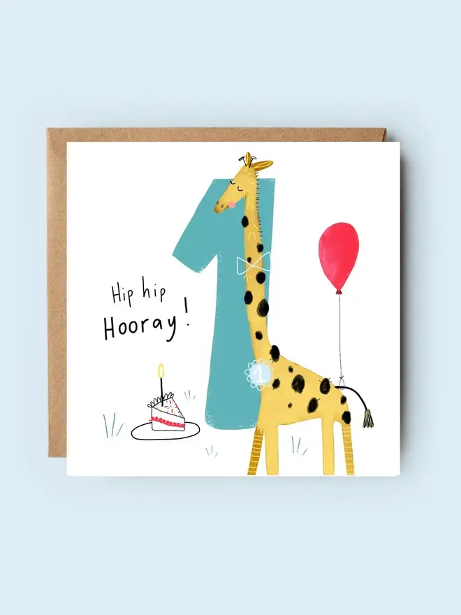 'hip hip hooray' illustrated 1st birthday card. card featuring blue number 1 and illustrated giraffe.