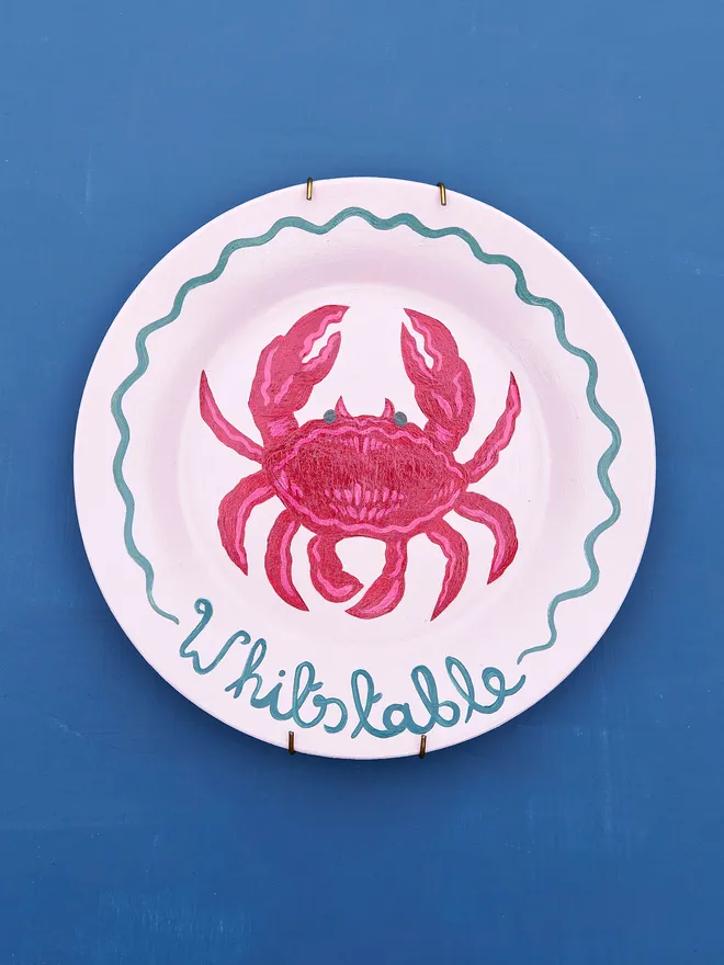 Personalised Pink Seaside Wall Plate with a  hand-drawn Crab