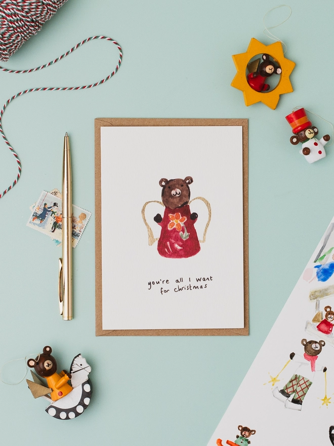 Angel Bear Gold Foil Christmas Card Set of 6 Cards 