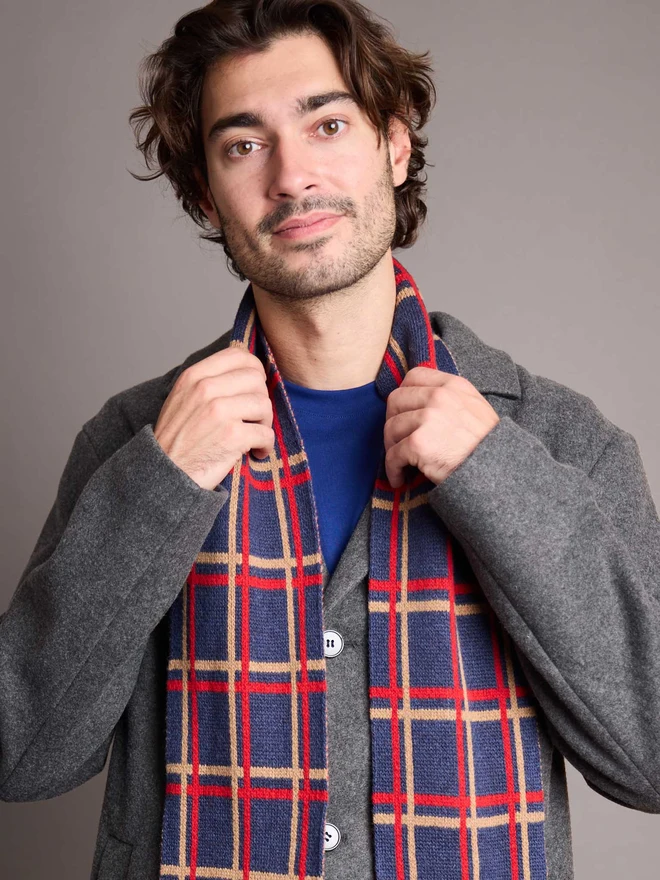 Blue And Red Patterned Wool Scarf Modelled By A Man In A Grey Coat