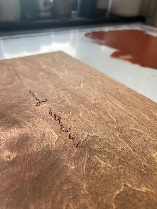 Wooden 'Winter Sun' woodblock before inking