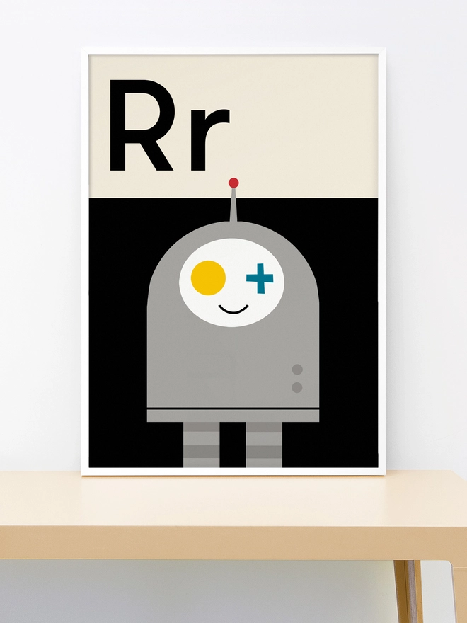 wall print of an illustrated robot on black background