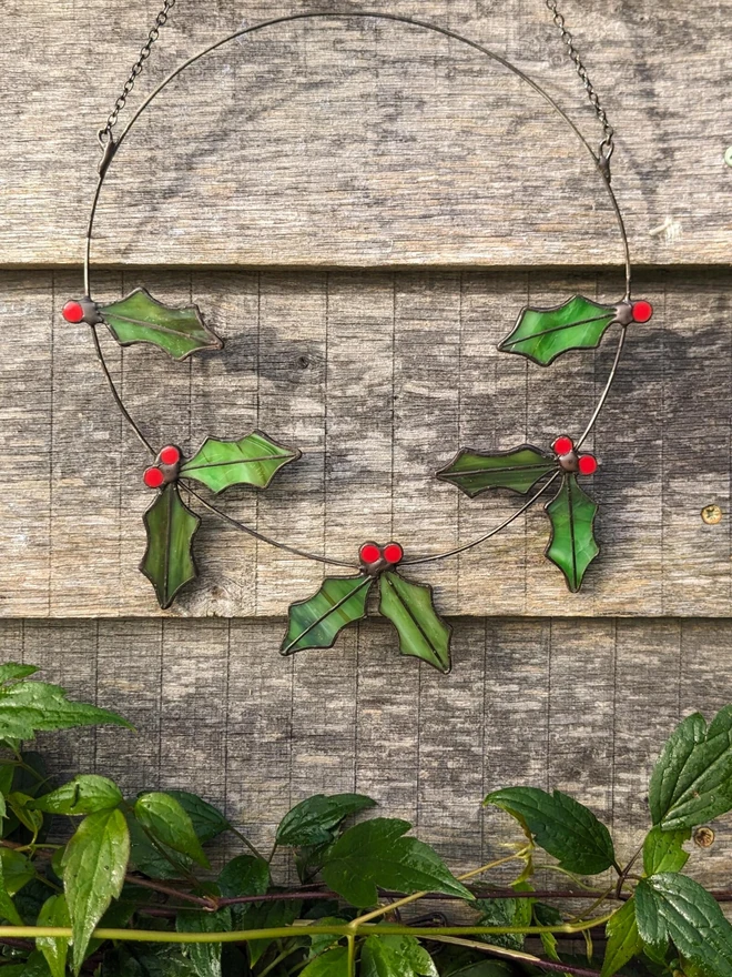 Stained Glass Holly Wreath
