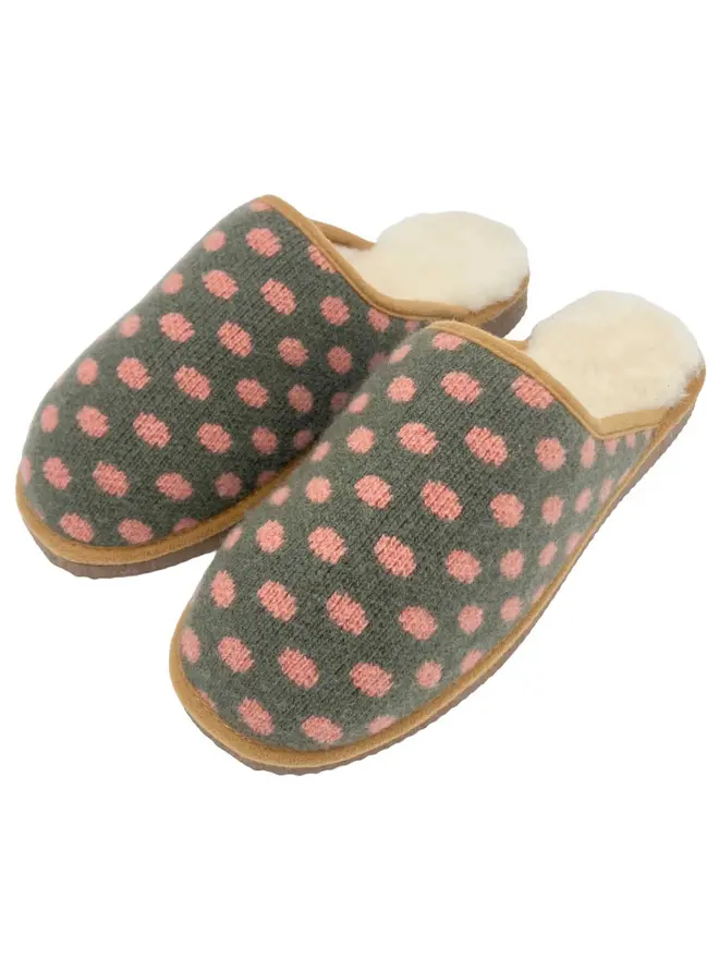 Women's Lambswool & Sheepskin Slippers, a pair of colourful slippers sitting on a white plain surface. 