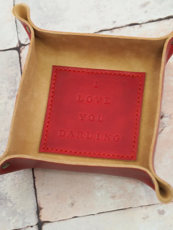 red leather square tray with personalised base