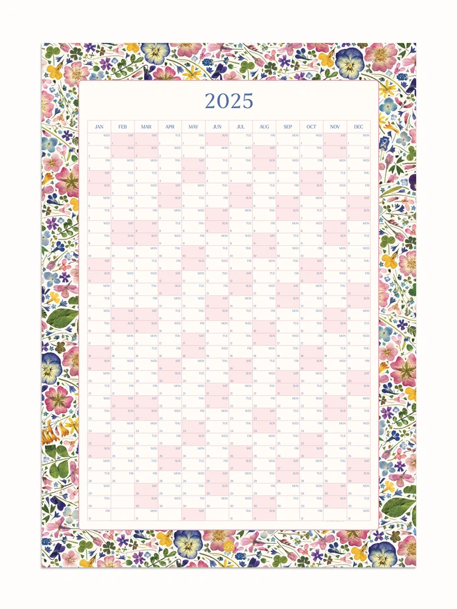 A pretty floral year wall planner. A 2025 calendar with a delightful pressed flower design. Perfect for brining a touch of the outdoors to any studio, home office or workspace. 